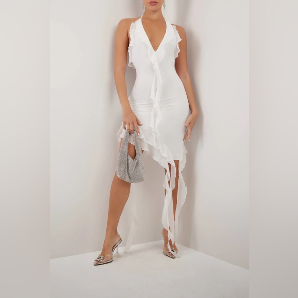NWT HEIRESS BEVERLY HILLS WHITE ASYMMETRIC RUFFLE DRESS